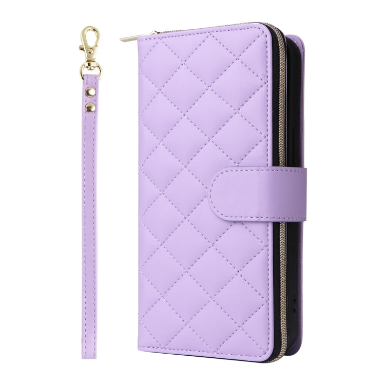 For iPhone 16 Pro Crossbody Rhombic Zipper Tower Buckle Leather Phone Case with Lanyard