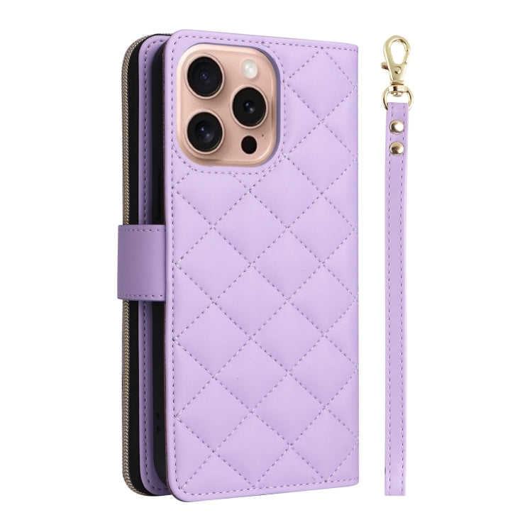 For iPhone 16 Pro Crossbody Rhombic Zipper Tower Buckle Leather Phone Case with Lanyard