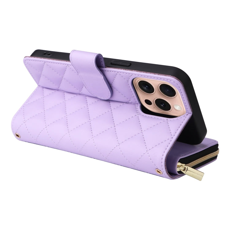 For iPhone 16 Pro Crossbody Rhombic Zipper Tower Buckle Leather Phone Case with Lanyard