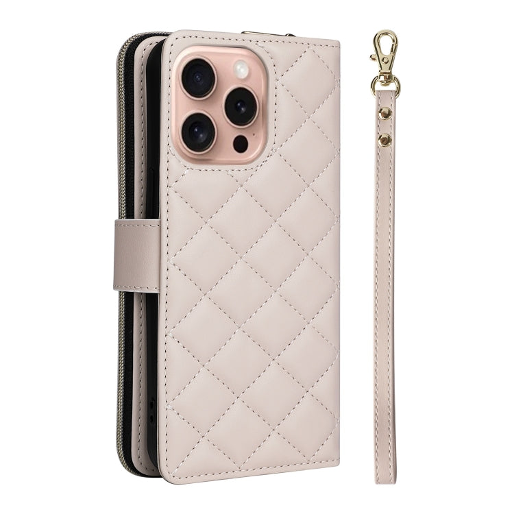 For iPhone 16 Pro Crossbody Rhombic Zipper Tower Buckle Leather Phone Case with Lanyard