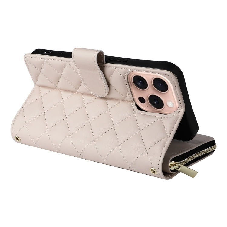 For iPhone 16 Pro Crossbody Rhombic Zipper Tower Buckle Leather Phone Case with Lanyard