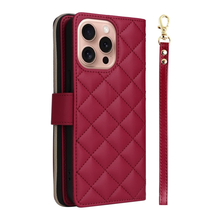 For iPhone 16 Pro Crossbody Rhombic Zipper Tower Buckle Leather Phone Case with Lanyard