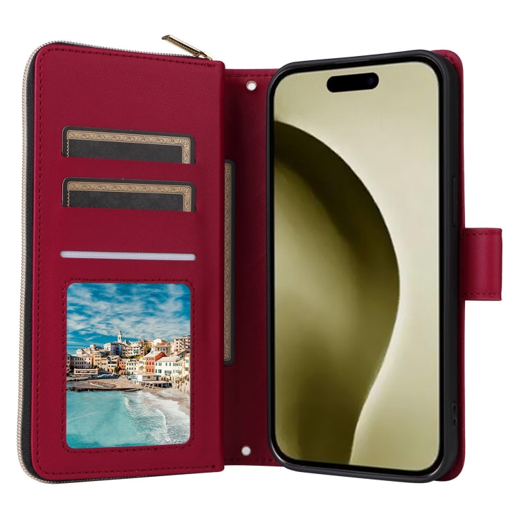 For iPhone 16 Pro Crossbody Rhombic Zipper Tower Buckle Leather Phone Case with Lanyard