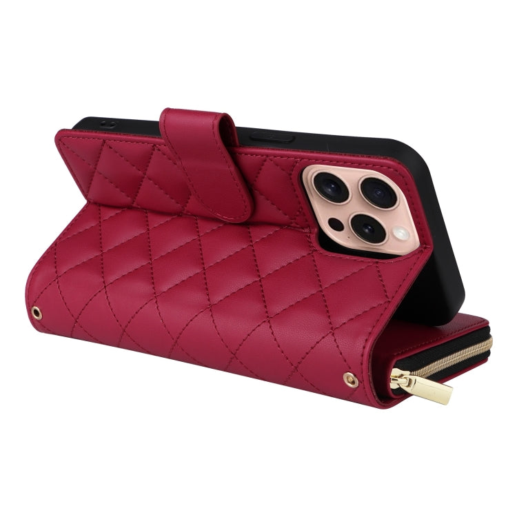 For iPhone 16 Pro Crossbody Rhombic Zipper Tower Buckle Leather Phone Case with Lanyard