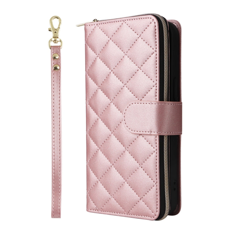 For iPhone 16 Pro Crossbody Rhombic Zipper Tower Buckle Leather Phone Case with Lanyard