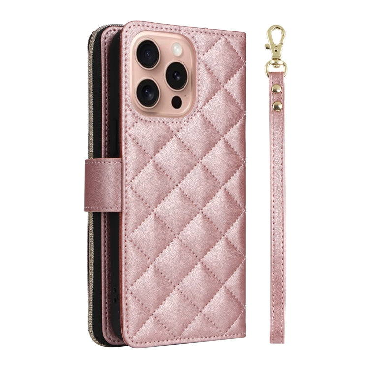 For iPhone 16 Pro Crossbody Rhombic Zipper Tower Buckle Leather Phone Case with Lanyard