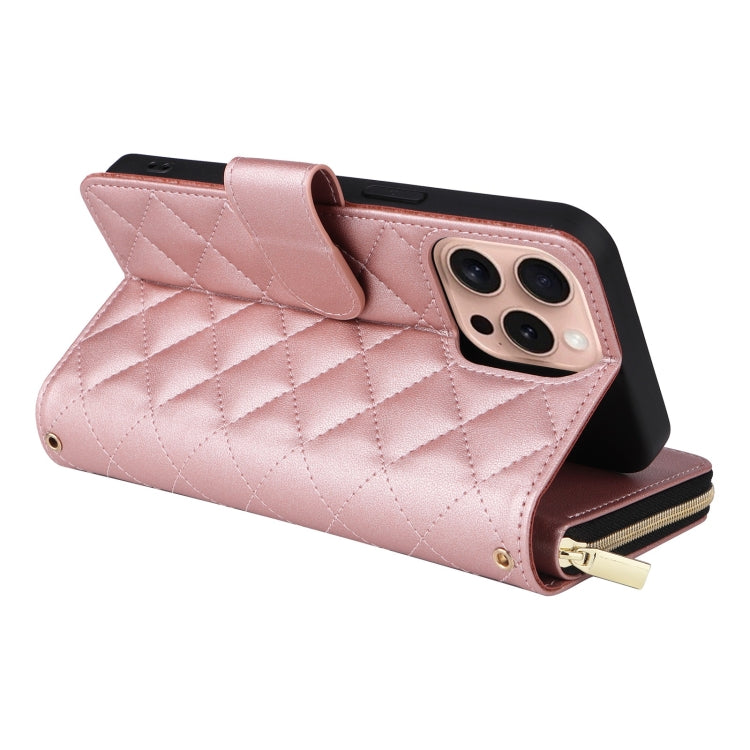 For iPhone 16 Pro Crossbody Rhombic Zipper Tower Buckle Leather Phone Case with Lanyard