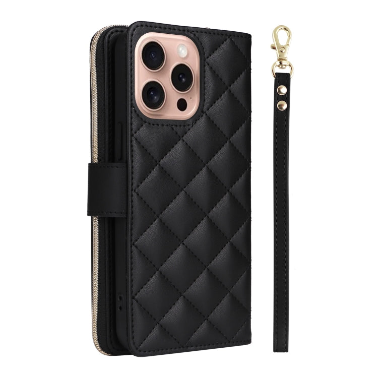 For iPhone 16 Pro Crossbody Rhombic Zipper Tower Buckle Leather Phone Case with Lanyard