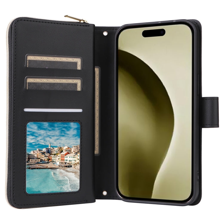 For iPhone 16 Pro Crossbody Rhombic Zipper Tower Buckle Leather Phone Case with Lanyard