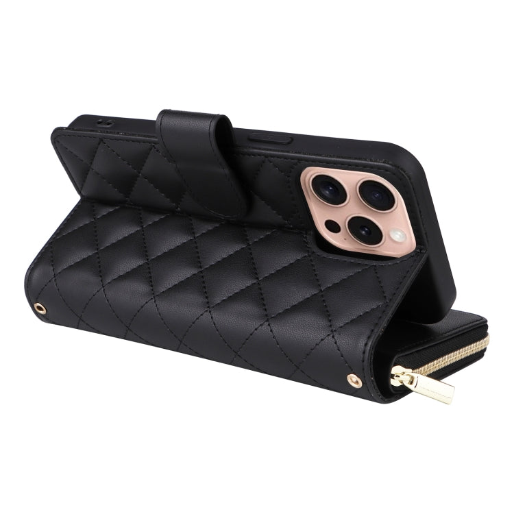 For iPhone 16 Pro Crossbody Rhombic Zipper Tower Buckle Leather Phone Case with Lanyard