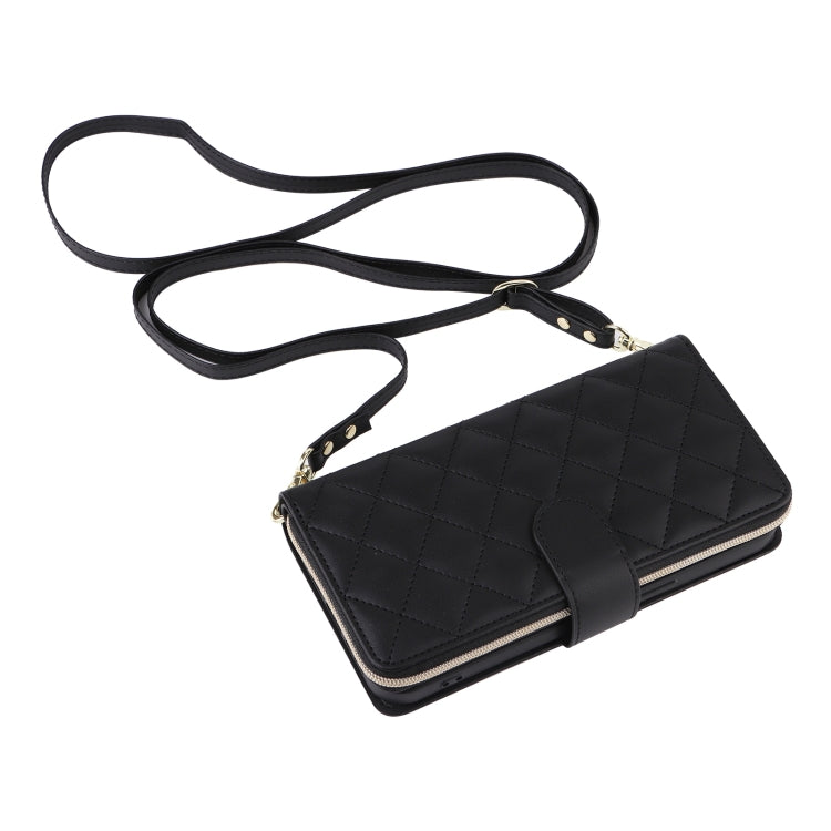 For iPhone 16 Pro Crossbody Rhombic Zipper Tower Buckle Leather Phone Case with Lanyard