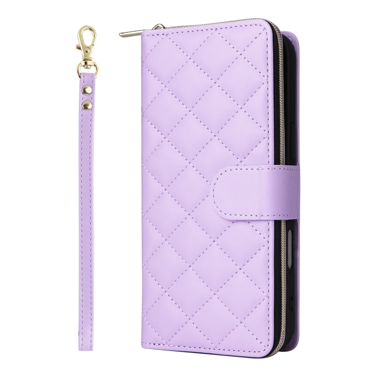 For iPhone 16 Plus Crossbody Rhombic Zipper Tower Buckle Leather Phone Case with Lanyard
