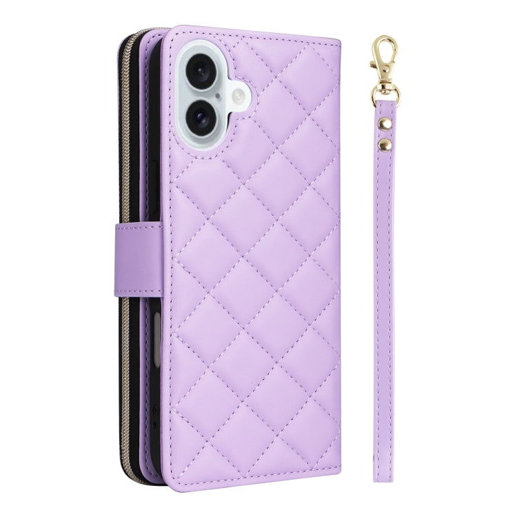 For iPhone 16 Plus Crossbody Rhombic Zipper Tower Buckle Leather Phone Case with Lanyard