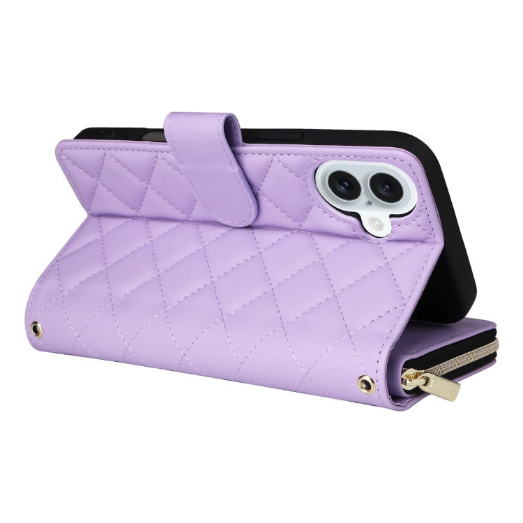 For iPhone 16 Plus Crossbody Rhombic Zipper Tower Buckle Leather Phone Case with Lanyard