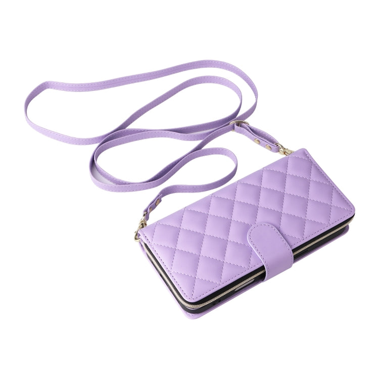 For iPhone 16 Plus Crossbody Rhombic Zipper Tower Buckle Leather Phone Case with Lanyard