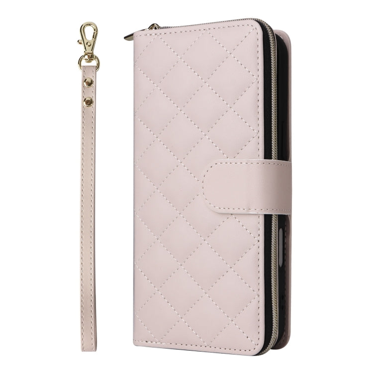 For iPhone 16 Plus Crossbody Rhombic Zipper Tower Buckle Leather Phone Case with Lanyard