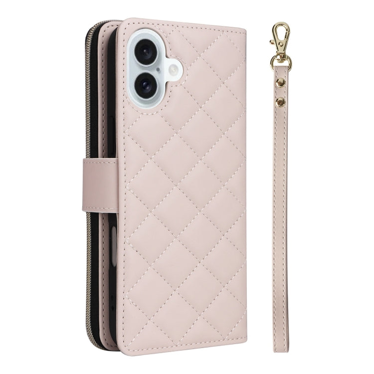 For iPhone 16 Plus Crossbody Rhombic Zipper Tower Buckle Leather Phone Case with Lanyard