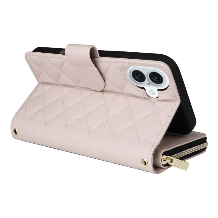 For iPhone 16 Plus Crossbody Rhombic Zipper Tower Buckle Leather Phone Case with Lanyard
