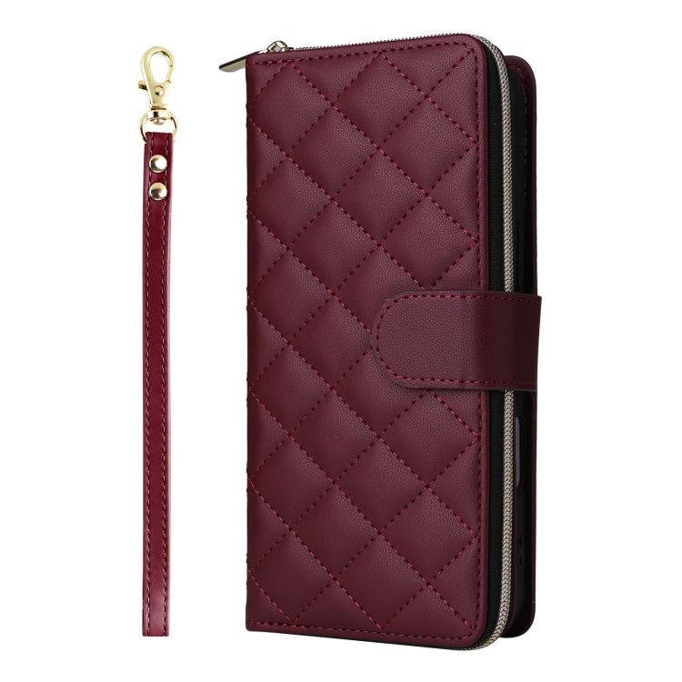 For iPhone 16 Plus Crossbody Rhombic Zipper Tower Buckle Leather Phone Case with Lanyard