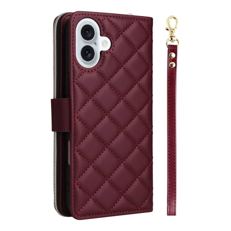 For iPhone 16 Plus Crossbody Rhombic Zipper Tower Buckle Leather Phone Case with Lanyard