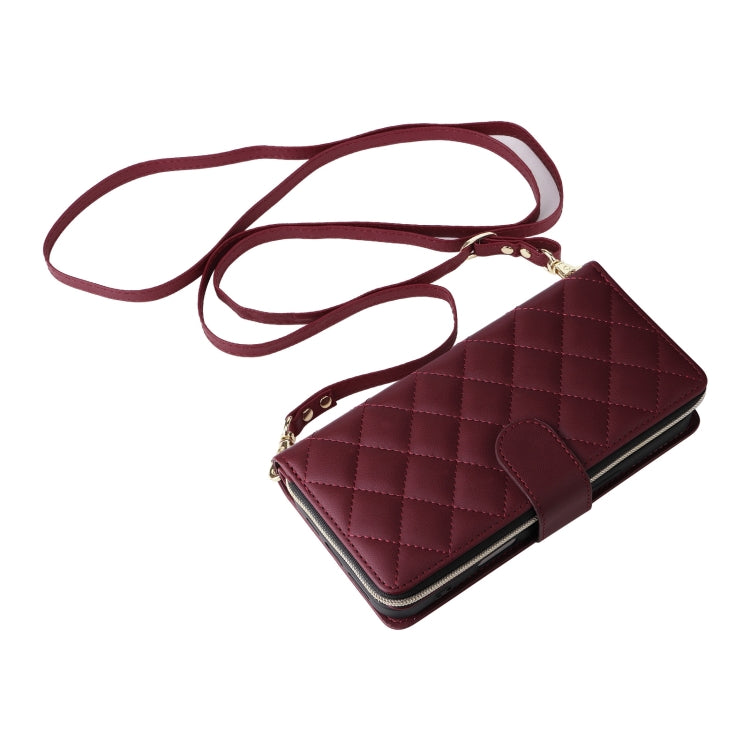 For iPhone 16 Plus Crossbody Rhombic Zipper Tower Buckle Leather Phone Case with Lanyard