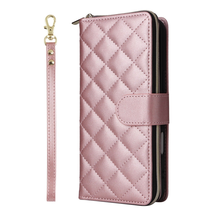 For iPhone 16 Plus Crossbody Rhombic Zipper Tower Buckle Leather Phone Case with Lanyard