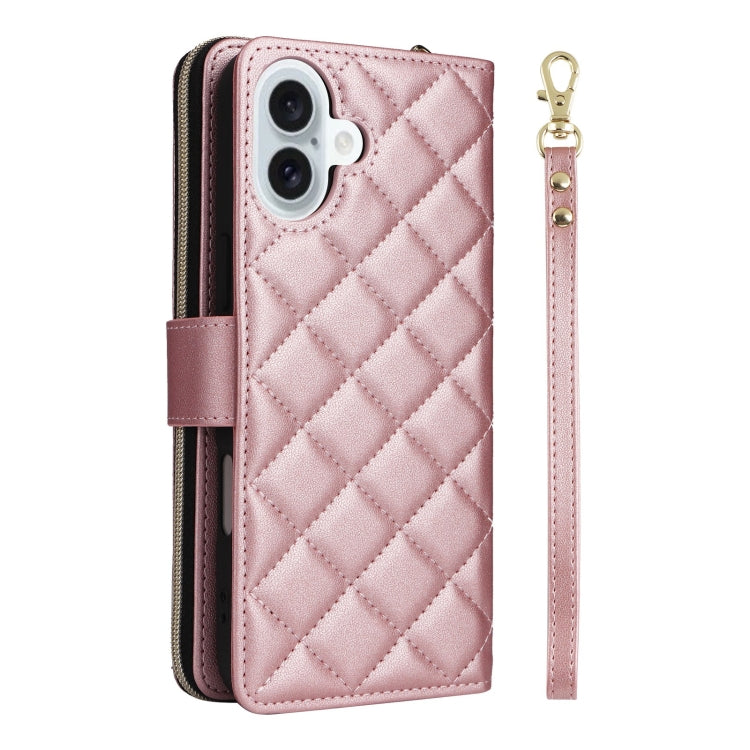 For iPhone 16 Plus Crossbody Rhombic Zipper Tower Buckle Leather Phone Case with Lanyard