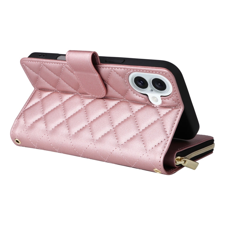 For iPhone 16 Plus Crossbody Rhombic Zipper Tower Buckle Leather Phone Case with Lanyard