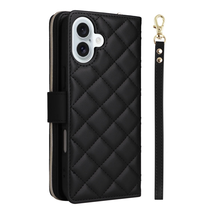 For iPhone 16 Plus Crossbody Rhombic Zipper Tower Buckle Leather Phone Case with Lanyard