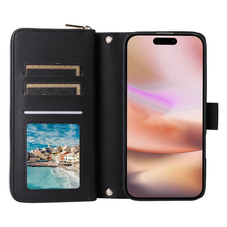 For iPhone 16 Plus Crossbody Rhombic Zipper Tower Buckle Leather Phone Case with Lanyard