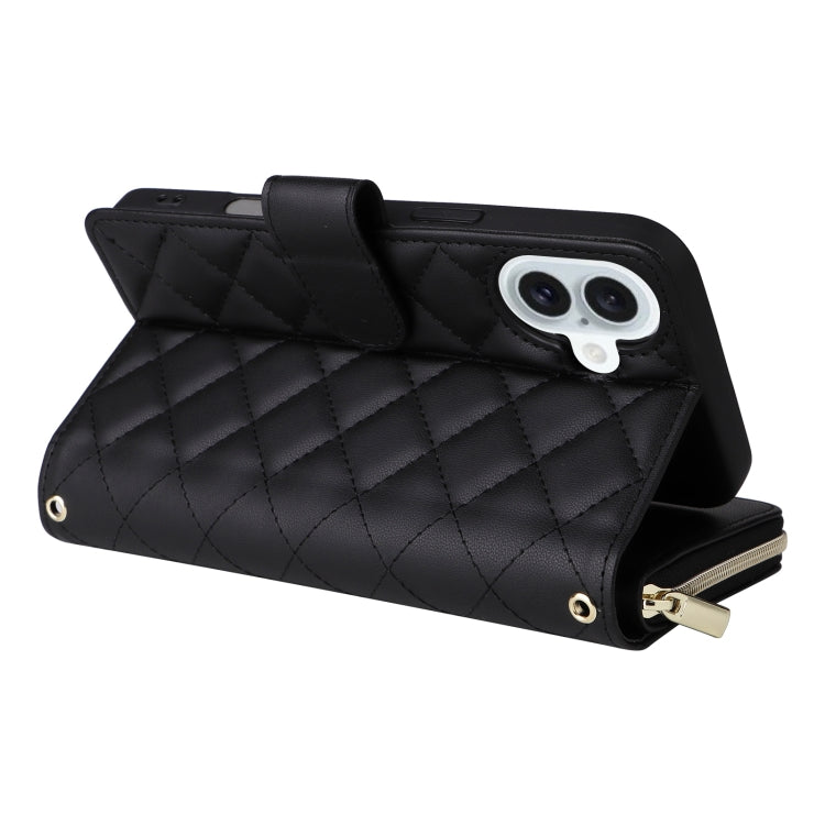 For iPhone 16 Plus Crossbody Rhombic Zipper Tower Buckle Leather Phone Case with Lanyard
