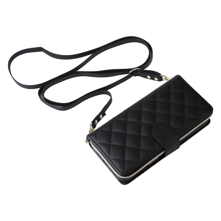 For iPhone 16 Plus Crossbody Rhombic Zipper Tower Buckle Leather Phone Case with Lanyard