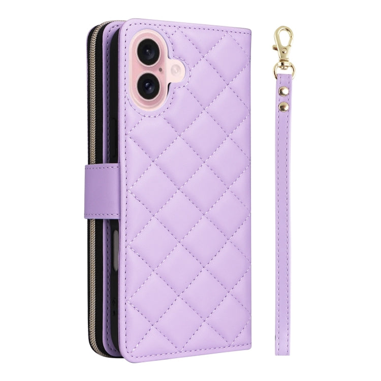 For iPhone 16 Crossbody Rhombic Zipper Tower Buckle Leather Phone Case with Lanyard