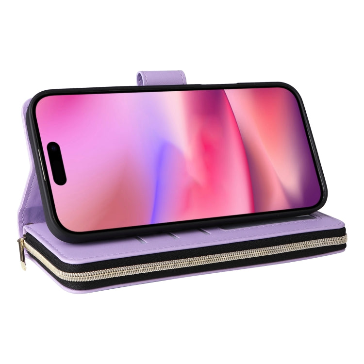 For iPhone 16 Crossbody Rhombic Zipper Tower Buckle Leather Phone Case with Lanyard