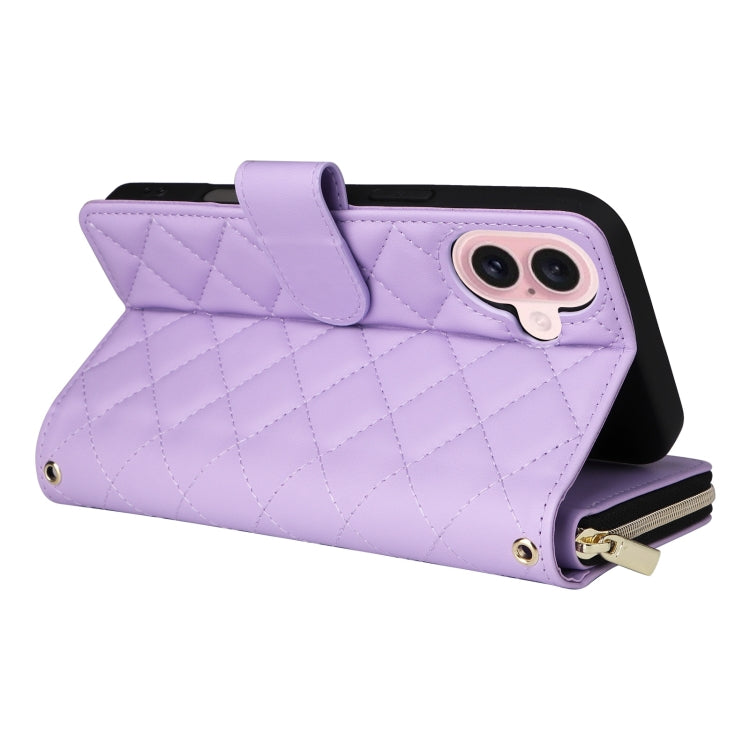 For iPhone 16 Crossbody Rhombic Zipper Tower Buckle Leather Phone Case with Lanyard