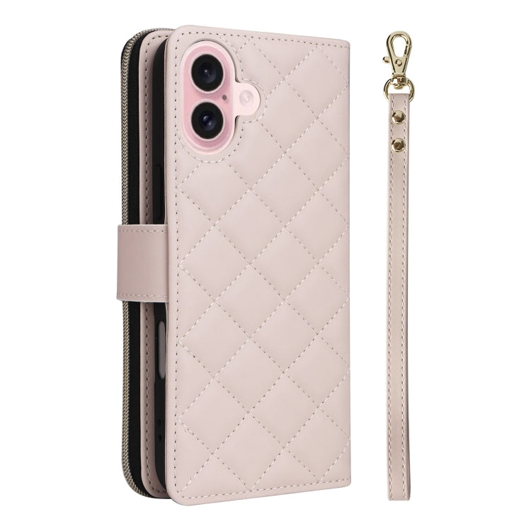 For iPhone 16 Crossbody Rhombic Zipper Tower Buckle Leather Phone Case with Lanyard