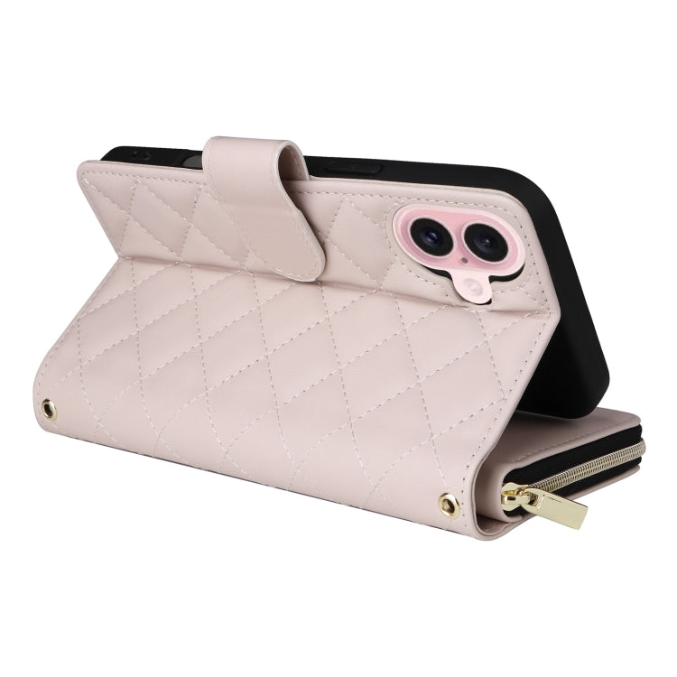 For iPhone 16 Crossbody Rhombic Zipper Tower Buckle Leather Phone Case with Lanyard