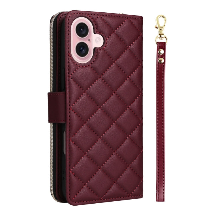 For iPhone 16 Crossbody Rhombic Zipper Tower Buckle Leather Phone Case with Lanyard
