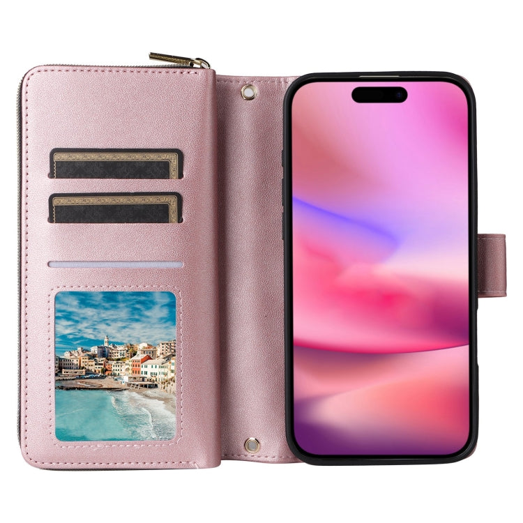 For iPhone 16 Crossbody Rhombic Zipper Tower Buckle Leather Phone Case with Lanyard
