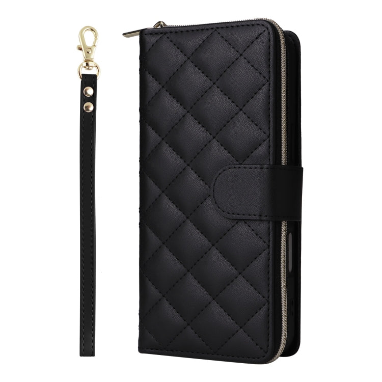 For iPhone 16 Crossbody Rhombic Zipper Tower Buckle Leather Phone Case with Lanyard
