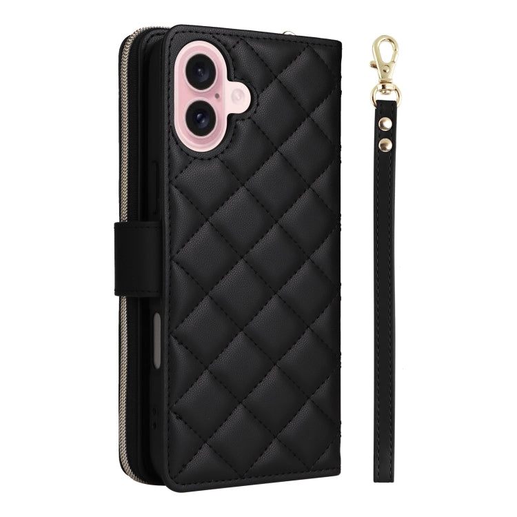 For iPhone 16 Crossbody Rhombic Zipper Tower Buckle Leather Phone Case with Lanyard