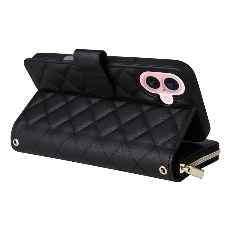 For iPhone 16 Crossbody Rhombic Zipper Tower Buckle Leather Phone Case with Lanyard