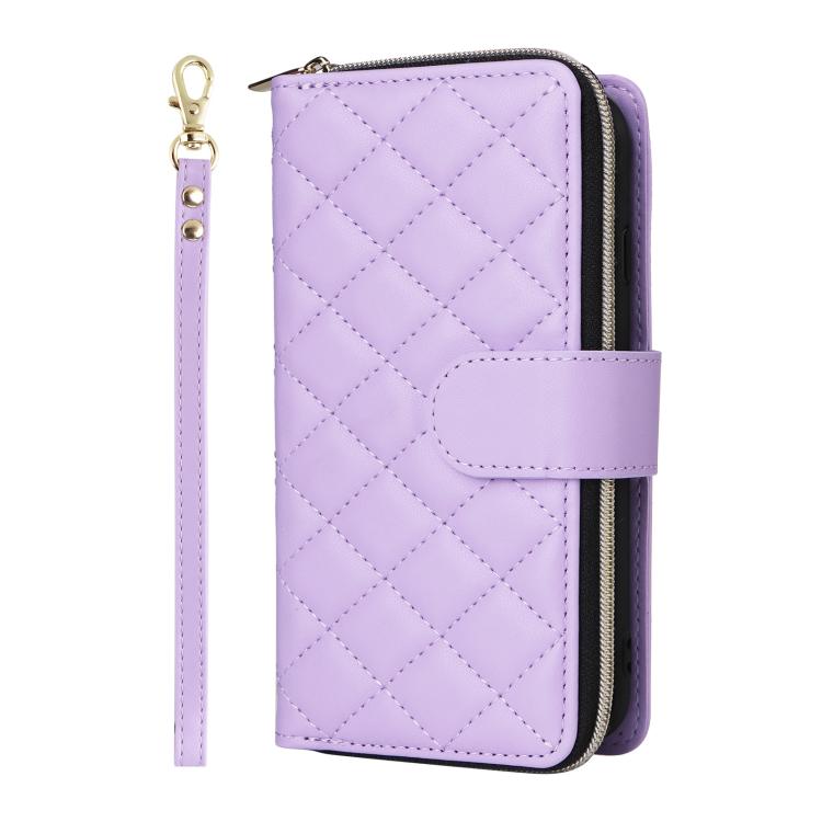 For iPhone 17e / 16e Crossbody Rhombic Zipper Tower Buckle Leather Phone Case with Lanyard