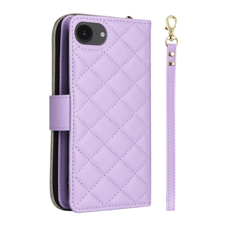 For iPhone 17e / 16e Crossbody Rhombic Zipper Tower Buckle Leather Phone Case with Lanyard