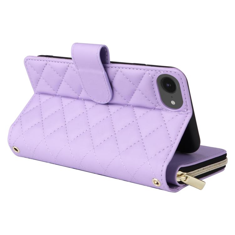 For iPhone 17e / 16e Crossbody Rhombic Zipper Tower Buckle Leather Phone Case with Lanyard