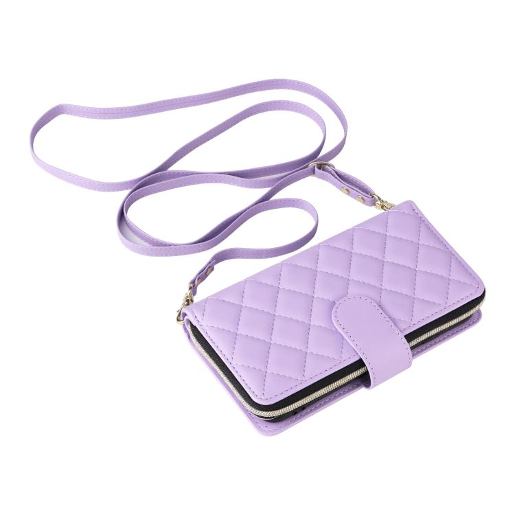 For iPhone 17e / 16e Crossbody Rhombic Zipper Tower Buckle Leather Phone Case with Lanyard