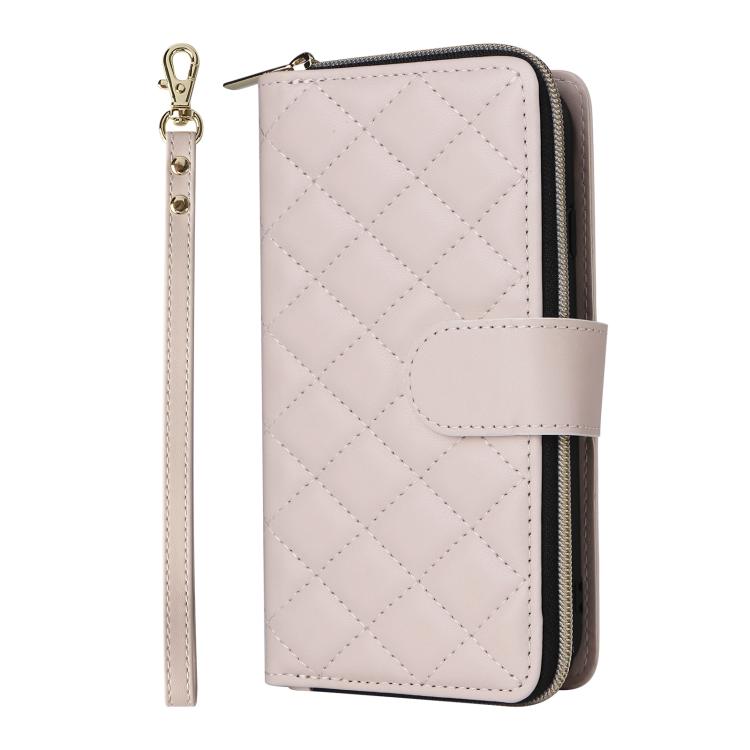 For iPhone 17e / 16e Crossbody Rhombic Zipper Tower Buckle Leather Phone Case with Lanyard