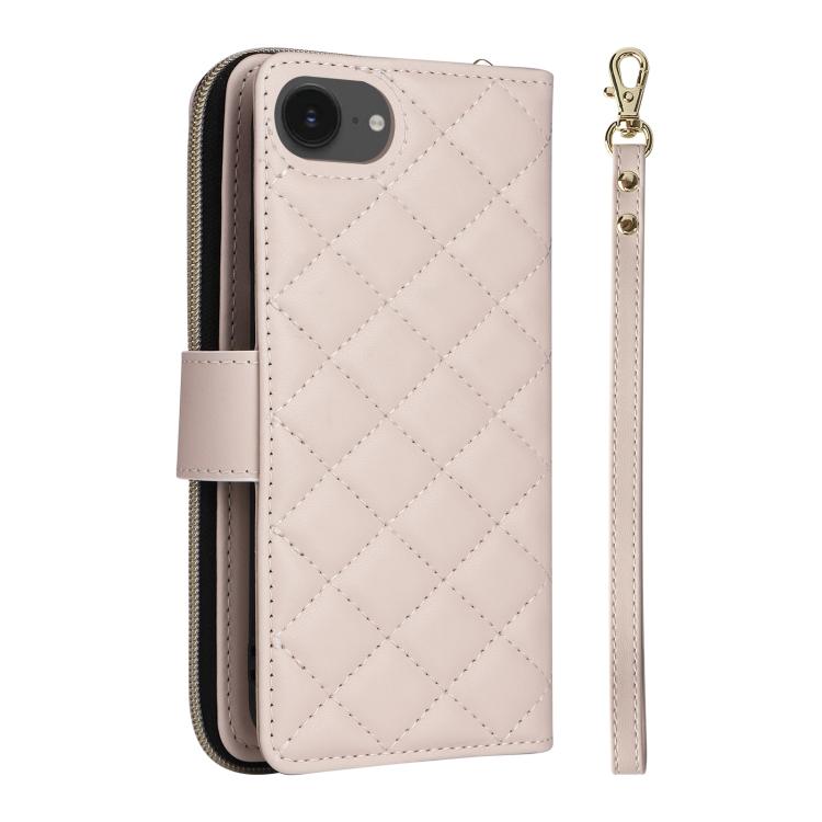 For iPhone 17e / 16e Crossbody Rhombic Zipper Tower Buckle Leather Phone Case with Lanyard