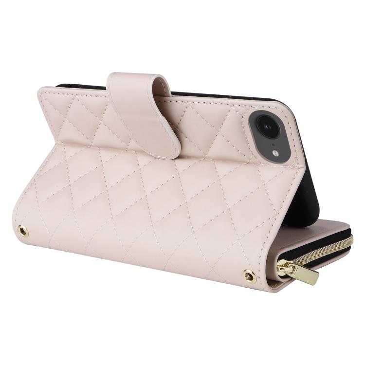 For iPhone 17e / 16e Crossbody Rhombic Zipper Tower Buckle Leather Phone Case with Lanyard