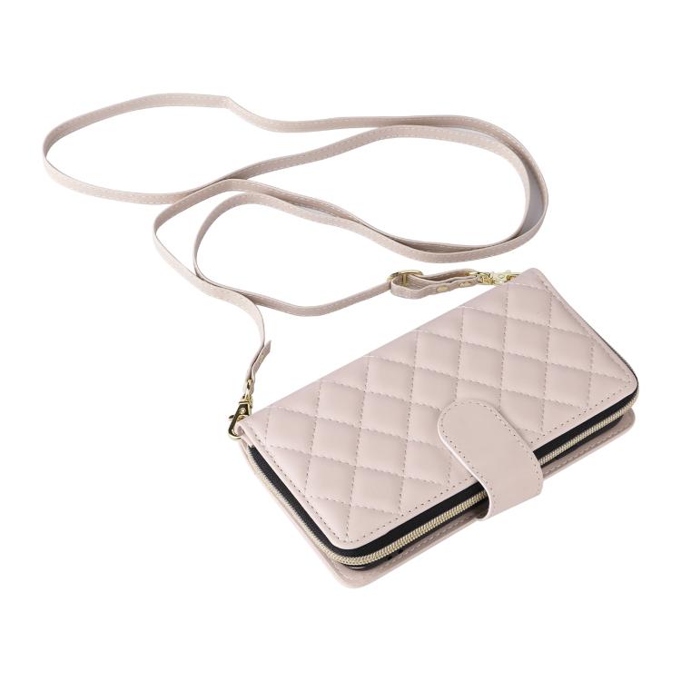 For iPhone 17e / 16e Crossbody Rhombic Zipper Tower Buckle Leather Phone Case with Lanyard
